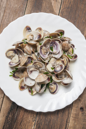 A top view of clams on a white plate  with wine sauce, garlic, and parsleyの写真素材