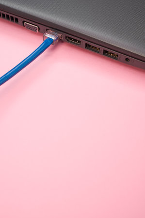 A vertical shot of a LAN cable connected to a laptop isolated on a pink backgroundの写真素材