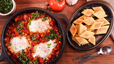 An overhead shot of tasty shakshuka in a pan with Algerian butter bread on the sideの写真素材