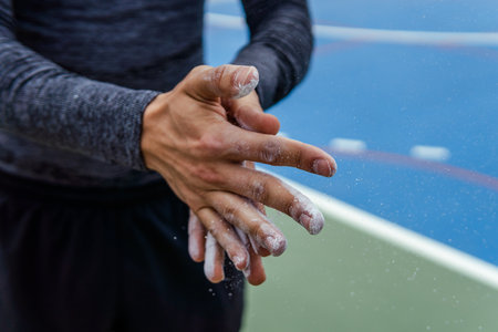 A closeup shot of an athlete putting chalk on his hands - sports conceptの写真素材