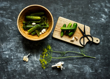 A high angle shot of the process of cucumber pickling for winterの写真素材