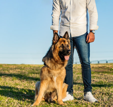 A man walking with his German Shepherd dogの写真素材