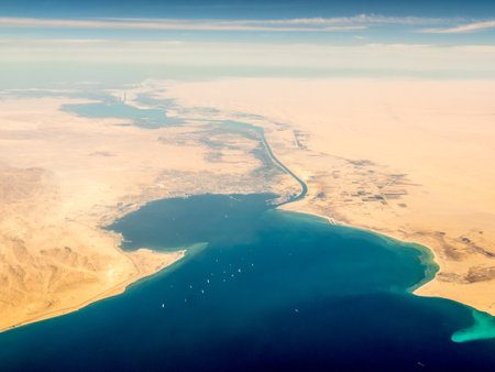 A beautiful view of the Suez Channel from a plane - perfect for wallpapersの写真素材