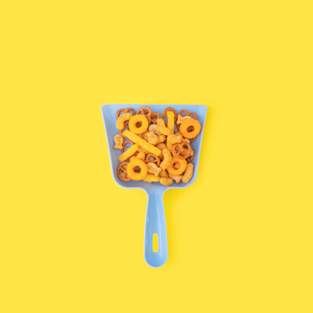 A creative junk food concept with a dustpan and snacks on yellow backgroundの写真素材