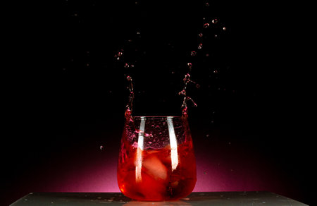A glass of a red splashing alcoholic drink on a dark backgroundの写真素材