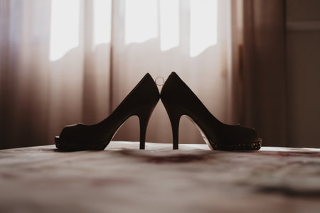 A closeup shot of a pair of heel shoes with a ring between itの写真素材