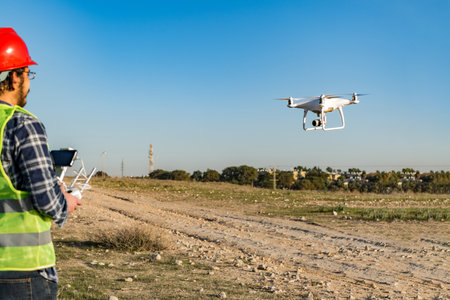 A construction worker operating a drone on a construction site