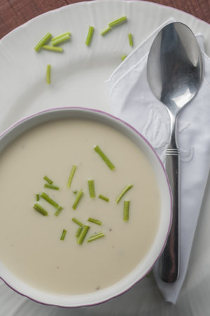 A vertical shot of Vichyssoise with potato leek creamの写真素材