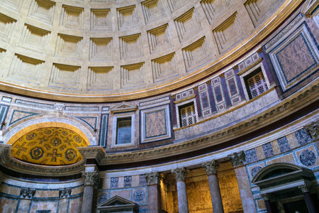 A low-angle shot of the interior of the dome of the Pantheon of Agrippa in Romeの写真素材