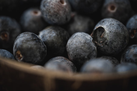 Blueberries in coconut bowl. Bowl of fruit good food.の写真素材