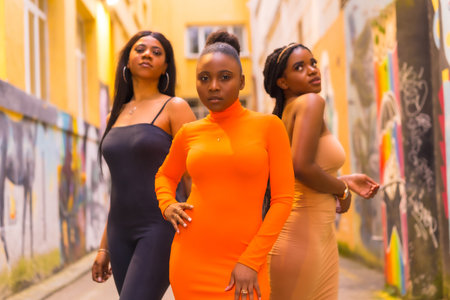 Fashionable urban style with three black African girls on a city street, tight dresses and seductive looksの写真素材