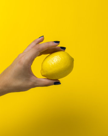 one hand holding one lemon in a yellow backgroundの写真素材