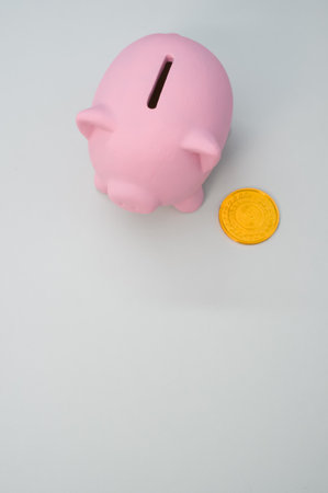 A high angle shot of a coin and a porcelain piggy bank isolated on a white backgroundの写真素材