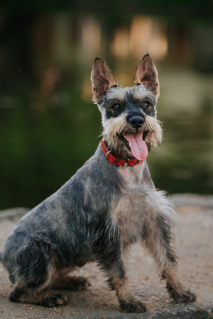 A portrait of a miniature schnauzer in a park under the sunlight with a blurry background