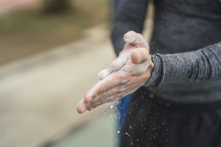 A sportsman rubbing hands with talcum powder