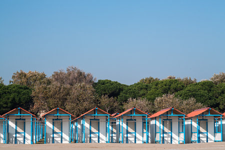 Closed beach huts on the famous Lido beach in Venice, Italyの写真素材