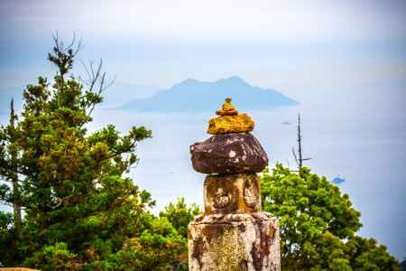 A stack of stone on a mountain background in Japan