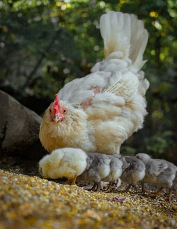 A closeup of a mother hen with her chicks on the farmの写真素材