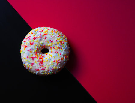 A delicious donut glazed with sprinkles on a pink and black backgroundの写真素材