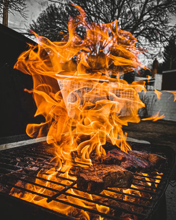A close up fire on grillの写真素材
