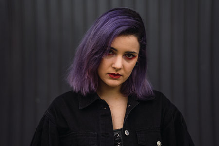 A portrait of a cool European female with purple hair