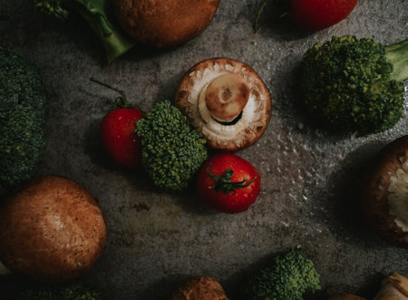 a top view of red tomatoes, mushrooms and green broccoli on a gray backgroundの写真素材