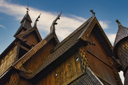 close-up and detail of Norwegian wooden stave church roof and ornate. scandinavian architectureの写真素材