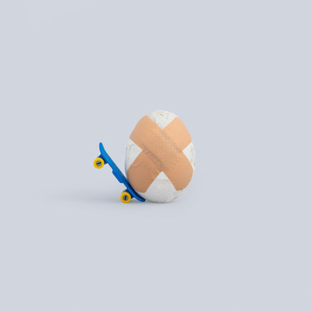 A creative shot of a broken egg wearing wound plaster on a skateboard isolated on  white background