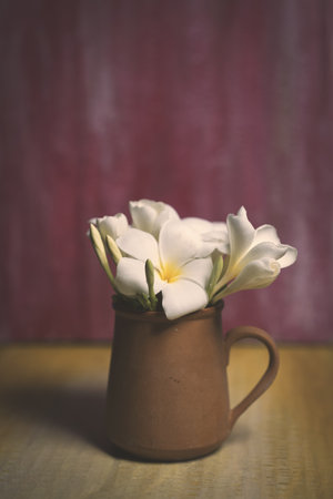 A vertical closeup shot of gentle white flowers in a clay pot on a wooden table with blurred...