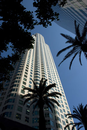 Low angle view of Downtown Los Angeles skyscrapers and office buildings, California