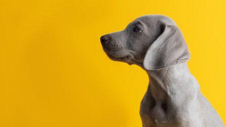 A cute Weimaraner puppy isolated on a yellow backgroundの写真素材