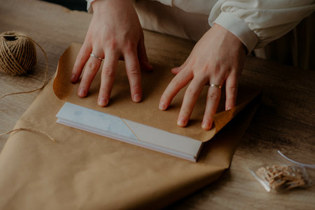 A woman wrapping a book in kraft paper as birthday gift - rustic theme