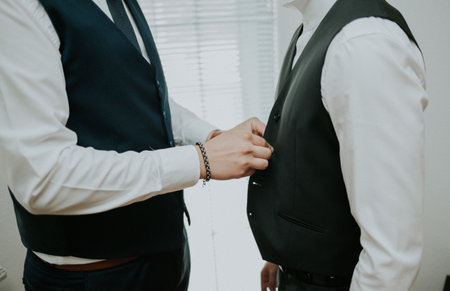 A groomsman helping the groom getting ready for the wedding ceremony