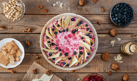 A top view of a delicious homemade cheesecake with berries on a wooden table surrounded by...