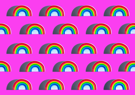 A seamless rainbow patterns with shadows on a pink backgroundの写真素材