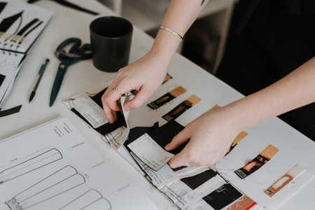 A young businesswoman and fashion designer reviewing her clothes design sketches