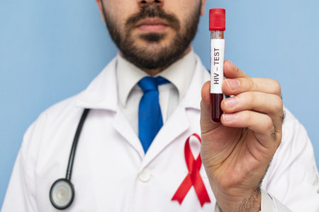 A bearded male doctor with stethoscope and red ribbon, holding a blood sample for STI testing- prevention of sexually transmitted diseasesの写真素材