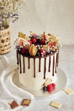 A delicious Boho Drip Cake with fruits and flowers on top on a white table