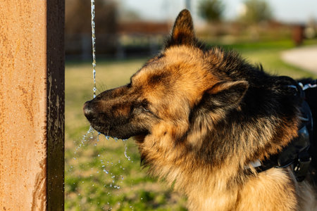 A cute, powerful German Shepherd dog drinking waterの写真素材