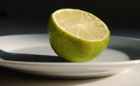 The half of a sliced lime on a white plate in a kitchen with light falling on itの写真素材