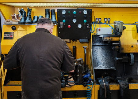 A shoemaker working in a workshopの写真素材