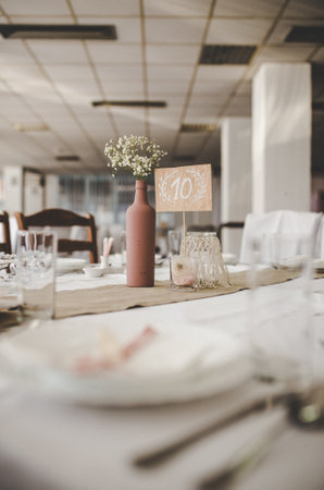 The 10th table in the wedding banquet hall in rustic styleの写真素材
