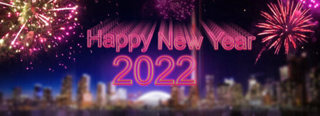A background of a skyline with fireworks that is worked out as a text background and is slightly blurred so that the focus is on the inserted writingの写真素材