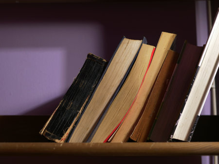 Book collection on a wooden bookshelf  medium shotの写真素材