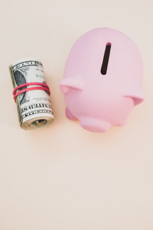 A vertical shot of a piggy bank with rolled-up dollar stack next to itの写真素材