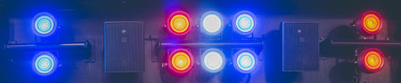 A closeup shot of stage lights and speakers
