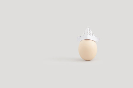 A studio shot of an egg with paper hat isolated on white backgroundの写真素材