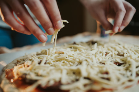 A person putting cheese on the homemade pizzaの写真素材