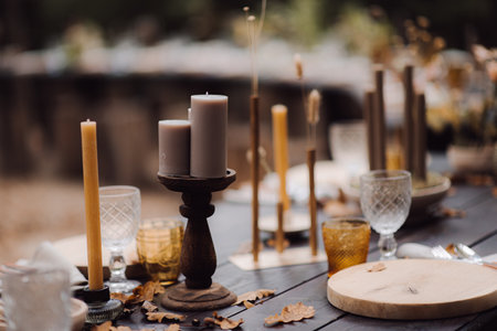 A beautifully designed wedding table in the forestの写真素材