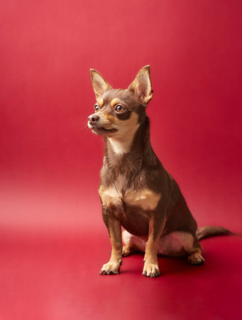 An adorable brown chihuahua against a red backgroundの写真素材